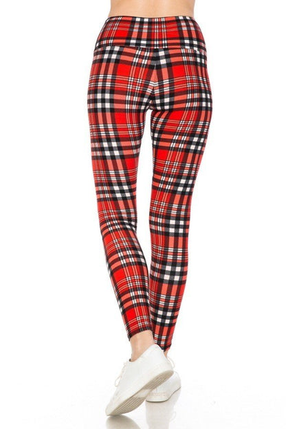 Red White Black Plaid Print Yoga Style Knit Leggings