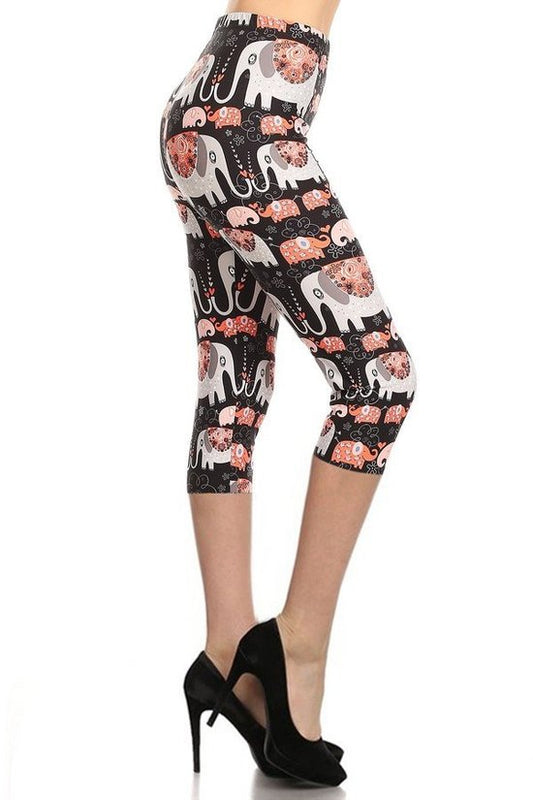 Elephants Print High Waisted Capri Leggings