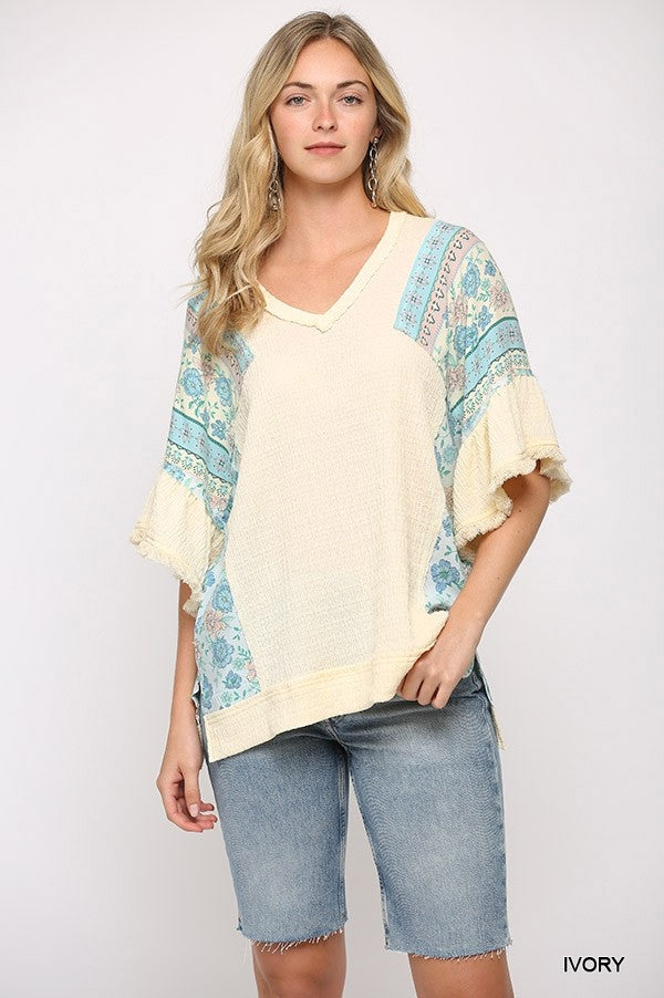 Texture Knit And Print Mixed Hi Low Hem Top - Ivory