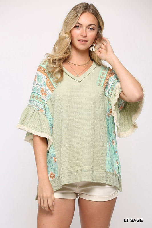 Texture Knit And Print Mixed Hi Low Hem Top - Light Sage