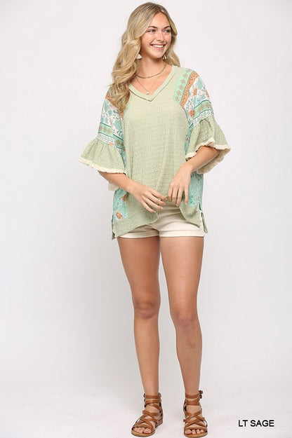 Texture Knit And Print Mixed Hi Low Hem Top - Light Sage