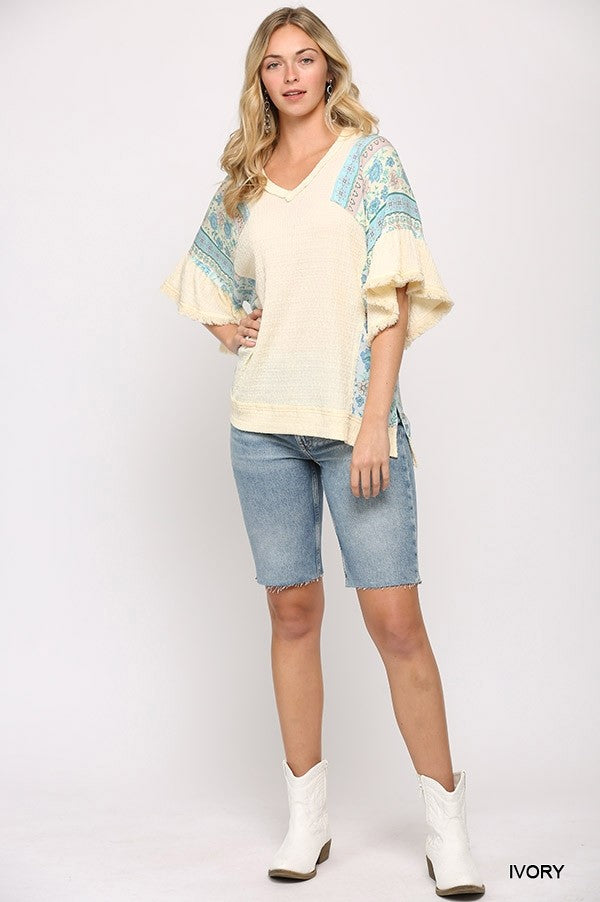 Texture Knit And Print Mixed Hi Low Hem Top - Ivory