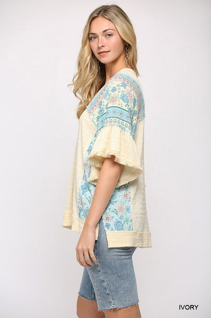 Texture Knit And Print Mixed Hi Low Hem Top - Ivory