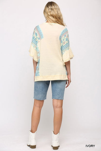 Texture Knit And Print Mixed Hi Low Hem Top - Ivory