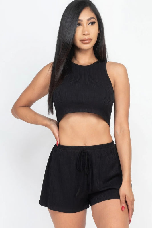 Black Soft Rib Crop Tank Top & Shorts Set