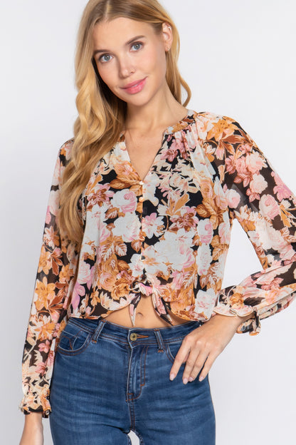 Floral Front Tie Detail Print Woven Blouse