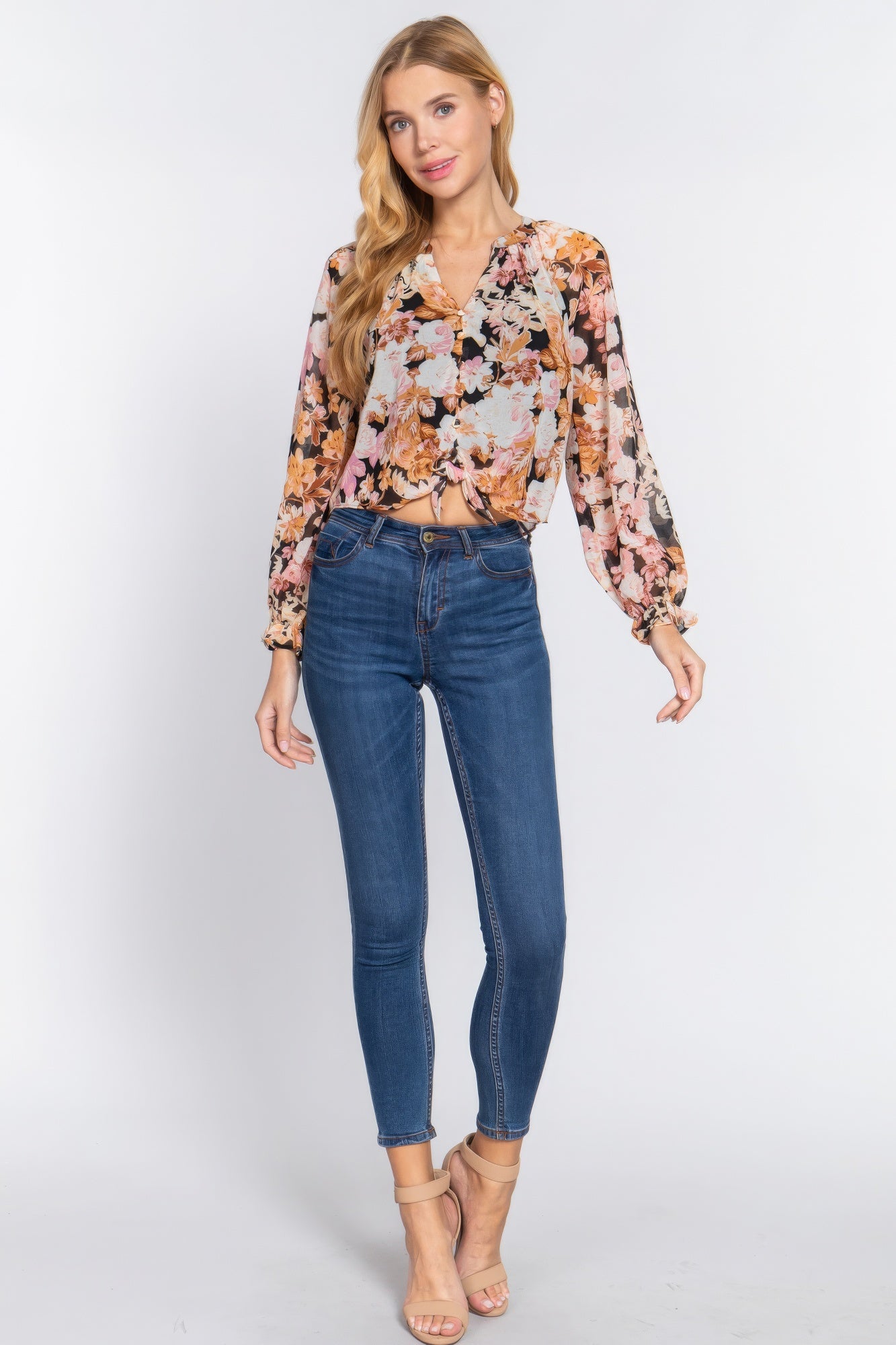 Floral Front Tie Detail Print Woven Blouse