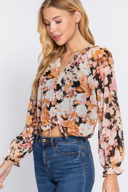 Floral Front Tie Detail Print Woven Blouse