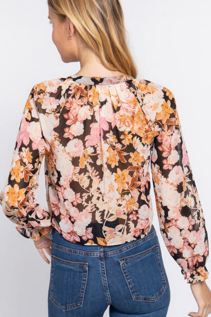 Floral Front Tie Detail Print Woven Blouse