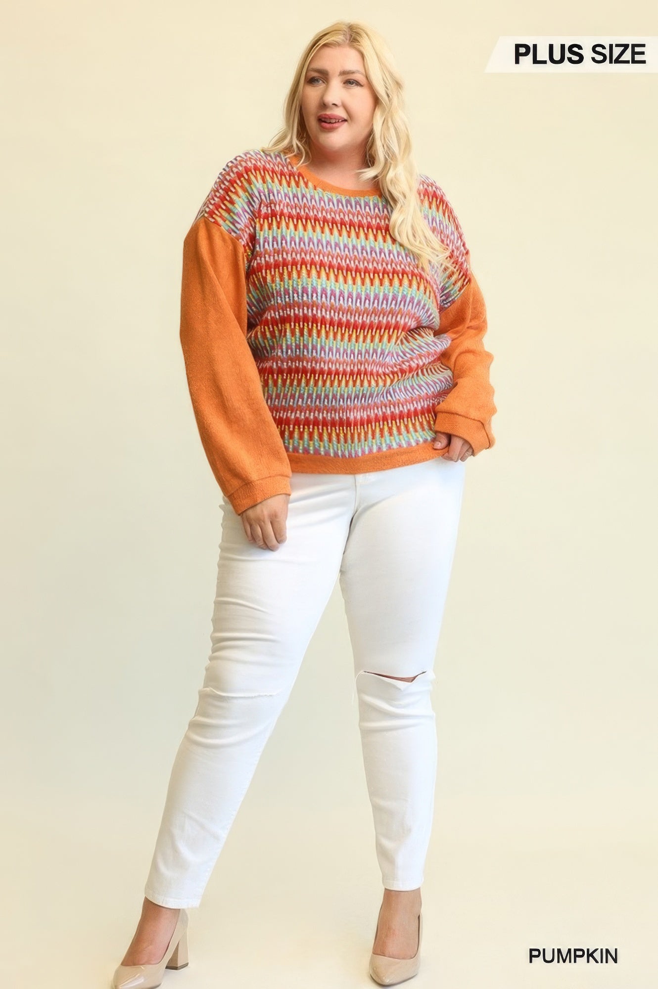 Novelty Knit And Solid Knit Mixed Loose Top With Drop Down Shoulder