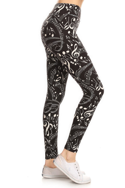 Music Note Print Full Length Fitted Leggings