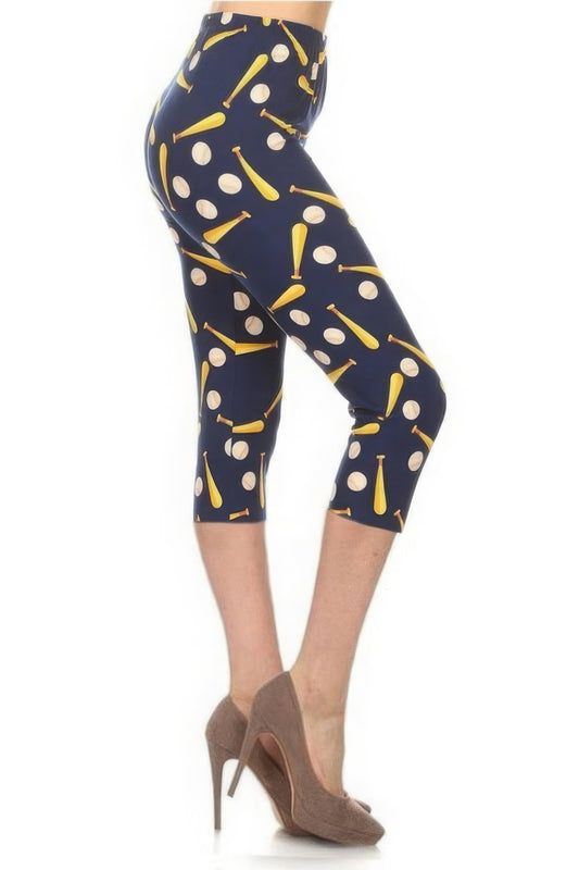 Baseball Printed High Waisted Fitted Capri Leggings