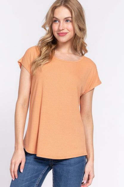 Apricot Short Dolman Sleeve Rib Knit Top