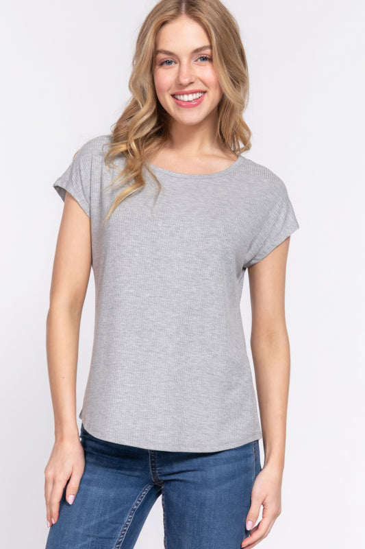 Heather Grey Short Dolman Sleeve Rib Knit Top