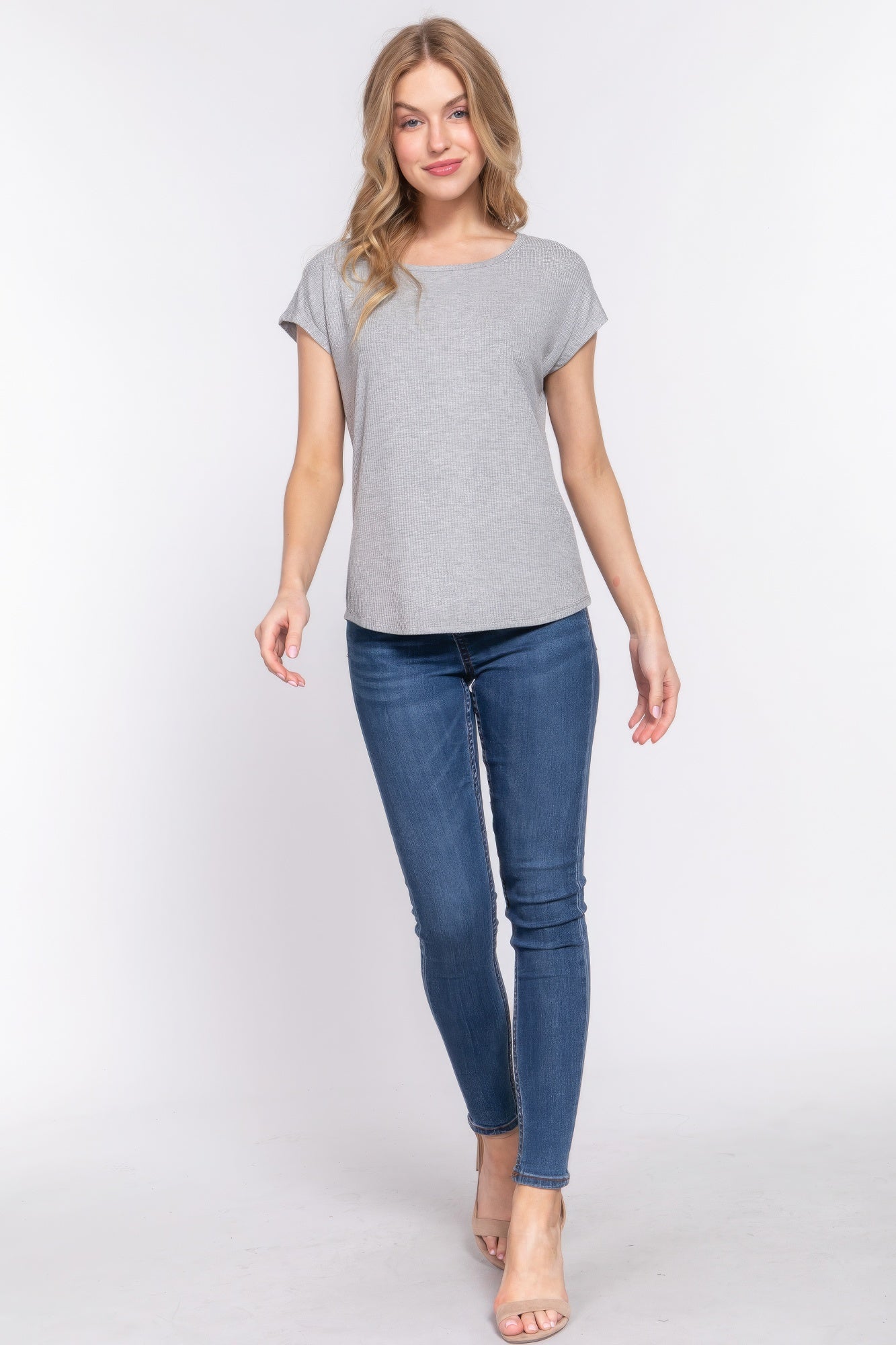 Heather Grey Short Dolman Sleeve Rib Knit Top