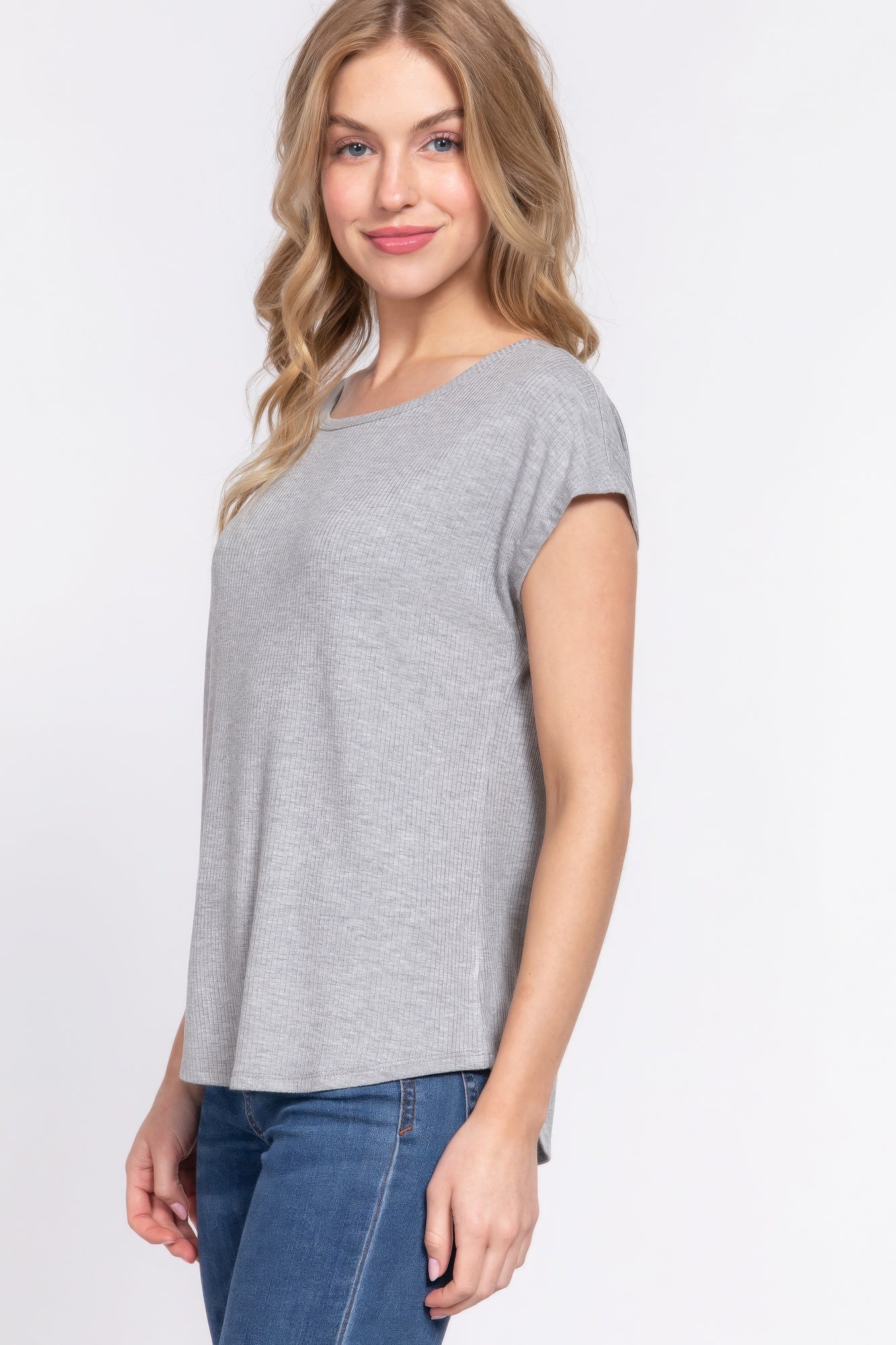 Heather Grey Short Dolman Sleeve Rib Knit Top