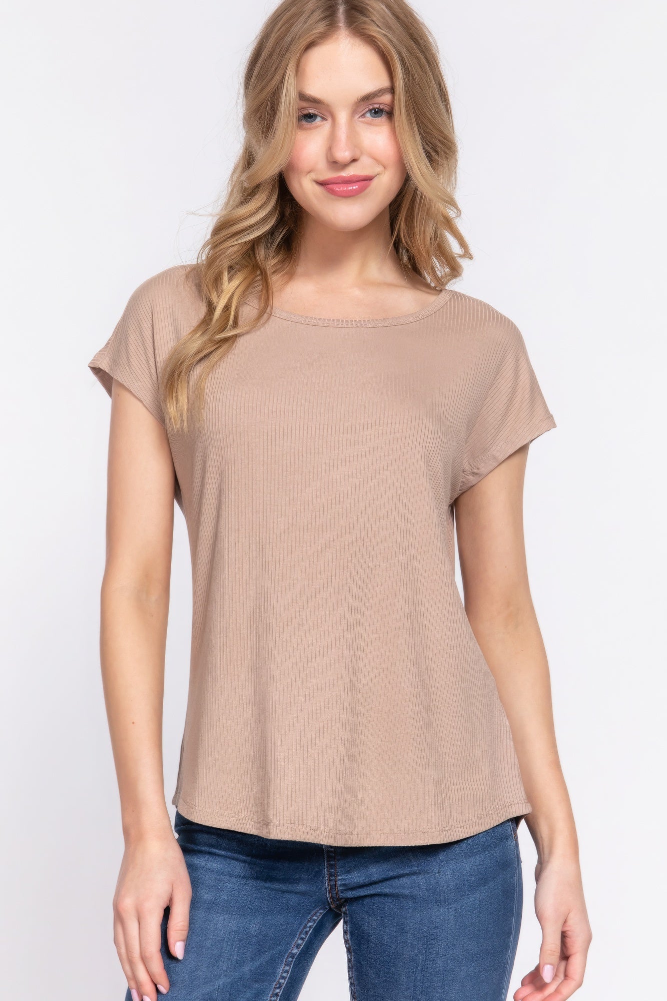 Khaki Short Dolman Sleeve Rib Knit Top