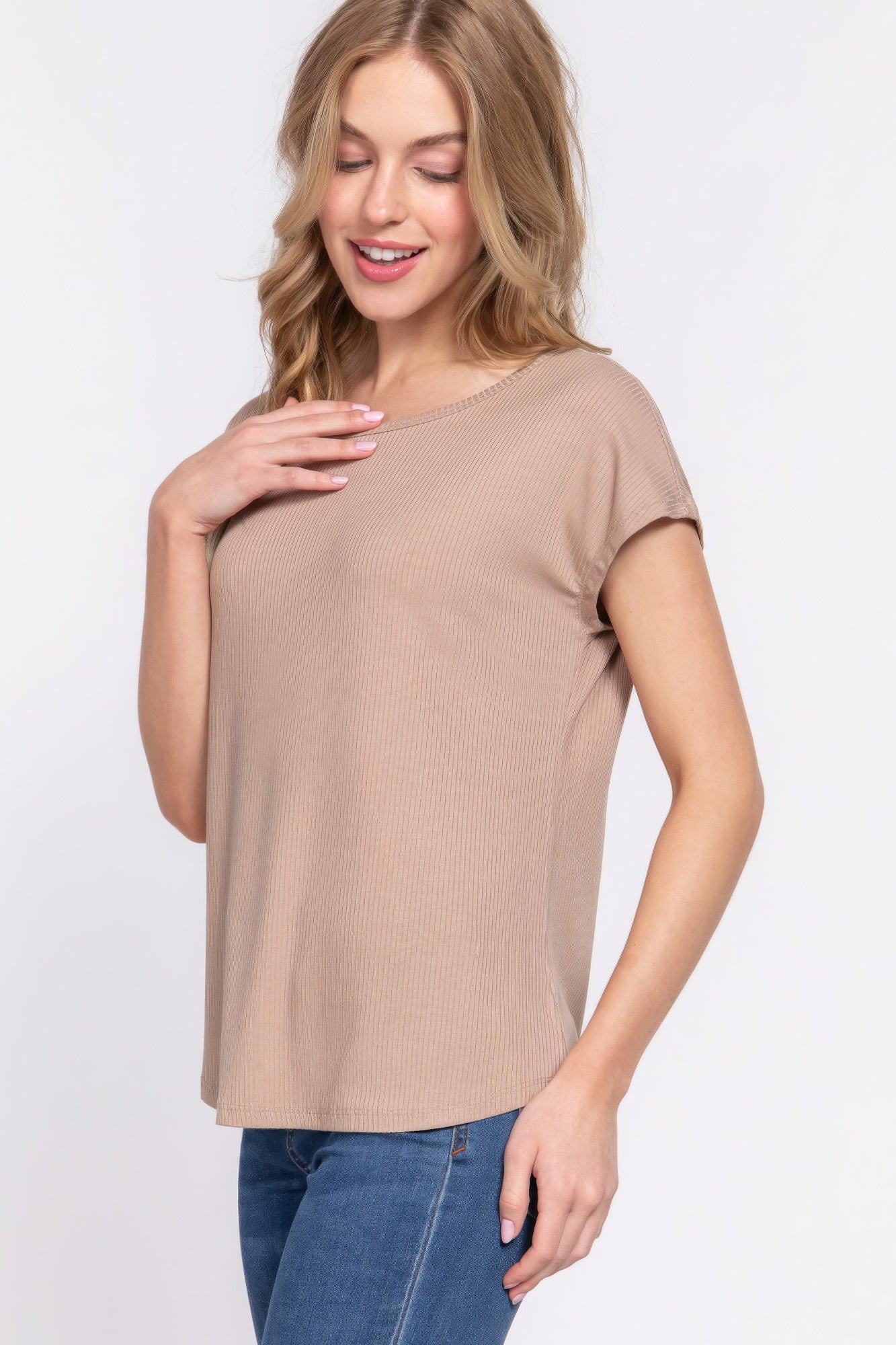 Khaki Short Dolman Sleeve Rib Knit Top