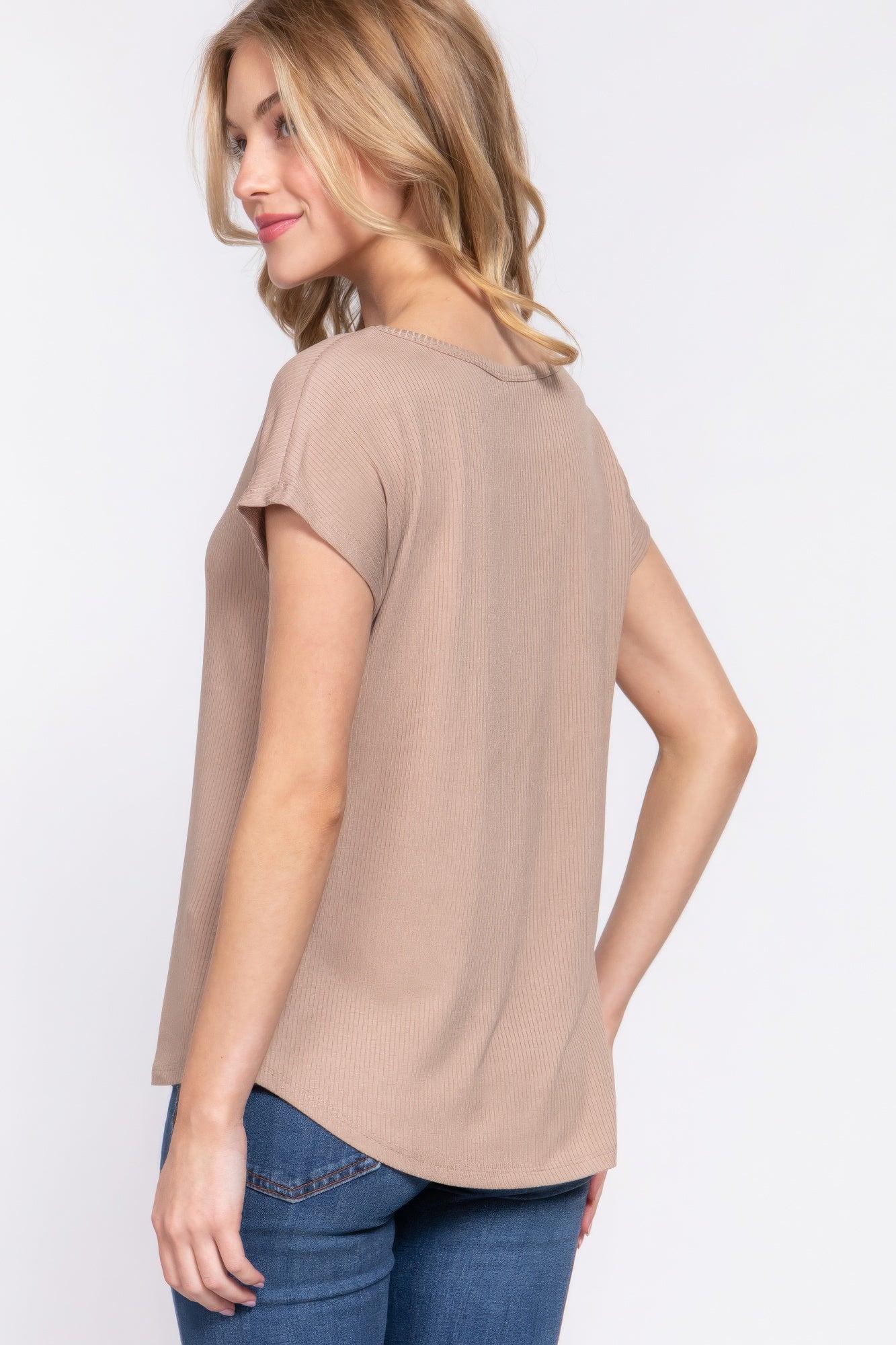 Khaki Short Dolman Sleeve Rib Knit Top