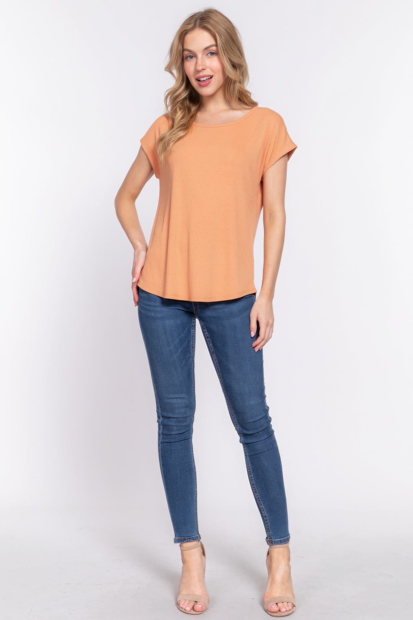 Apricot Short Dolman Sleeve Rib Knit Top