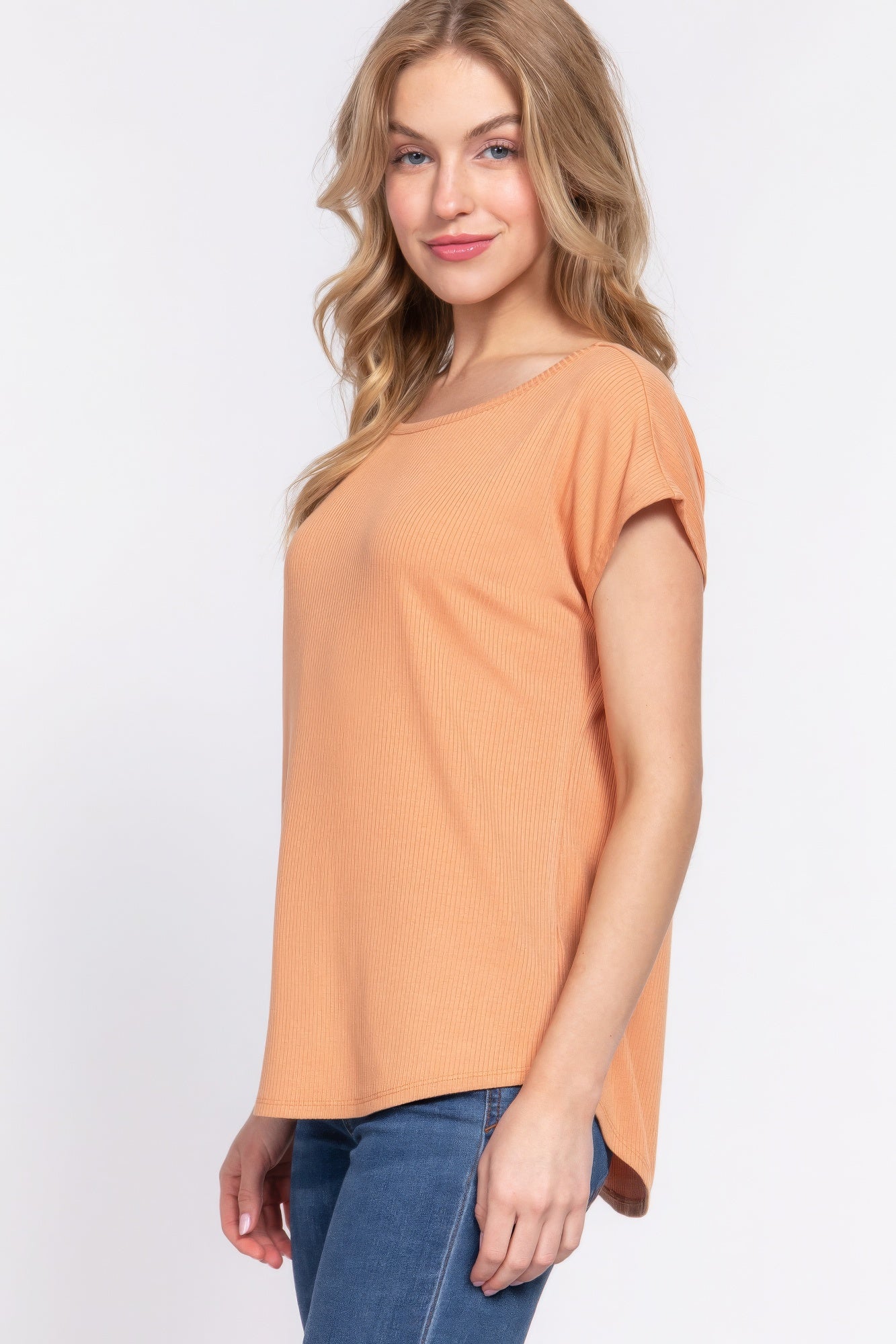 Apricot Short Dolman Sleeve Rib Knit Top