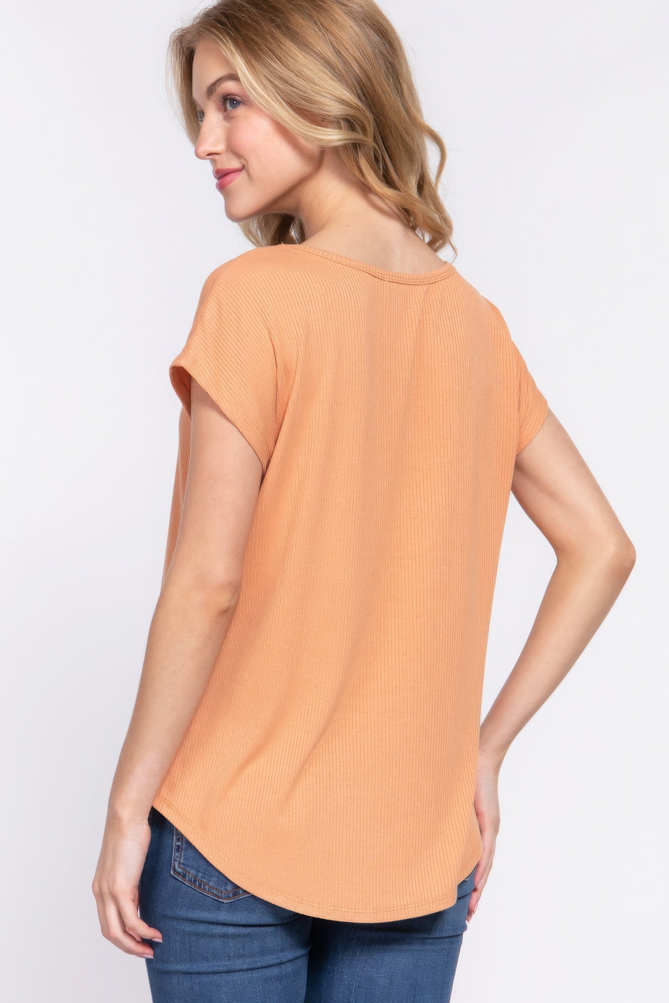 Apricot Short Dolman Sleeve Rib Knit Top