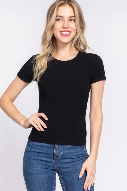 Black Short Sleeve Crew Neck Variegated Rib Knit Top