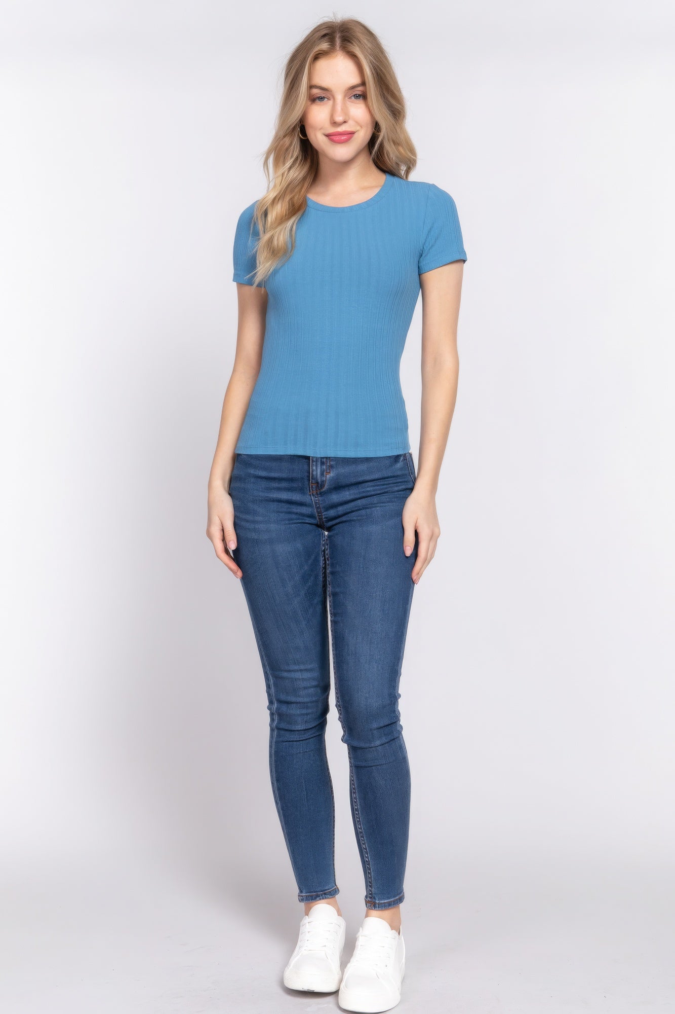 Blue Short Sleeve Crew Neck Variegated Rib Knit Top