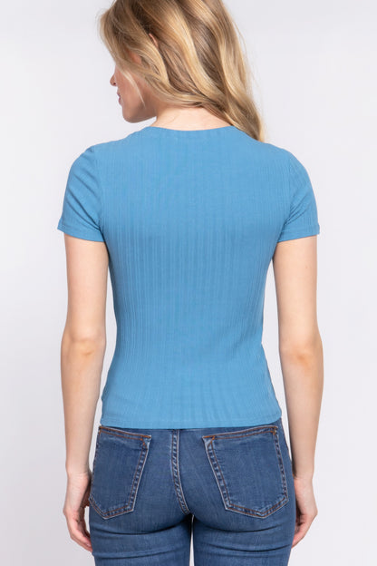 Blue Short Sleeve Crew Neck Variegated Rib Knit Top