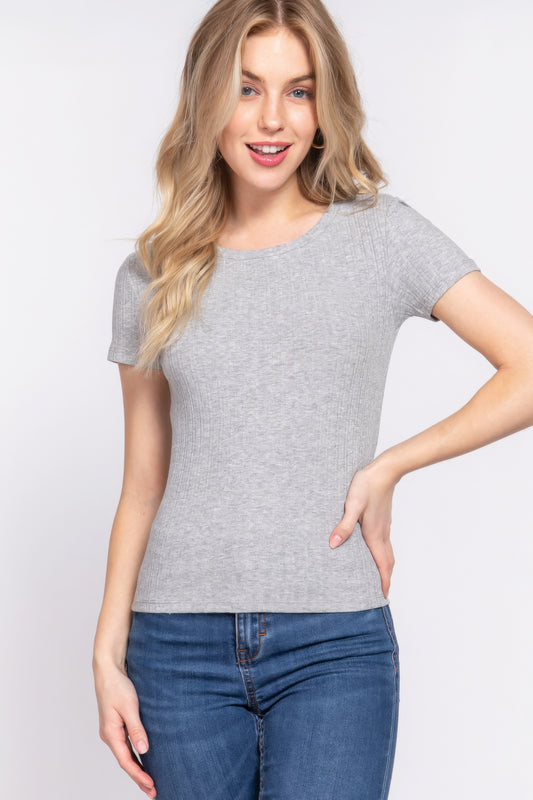 Heather Grey Short Sleeve Crew Neck Variegated Rib Knit Top