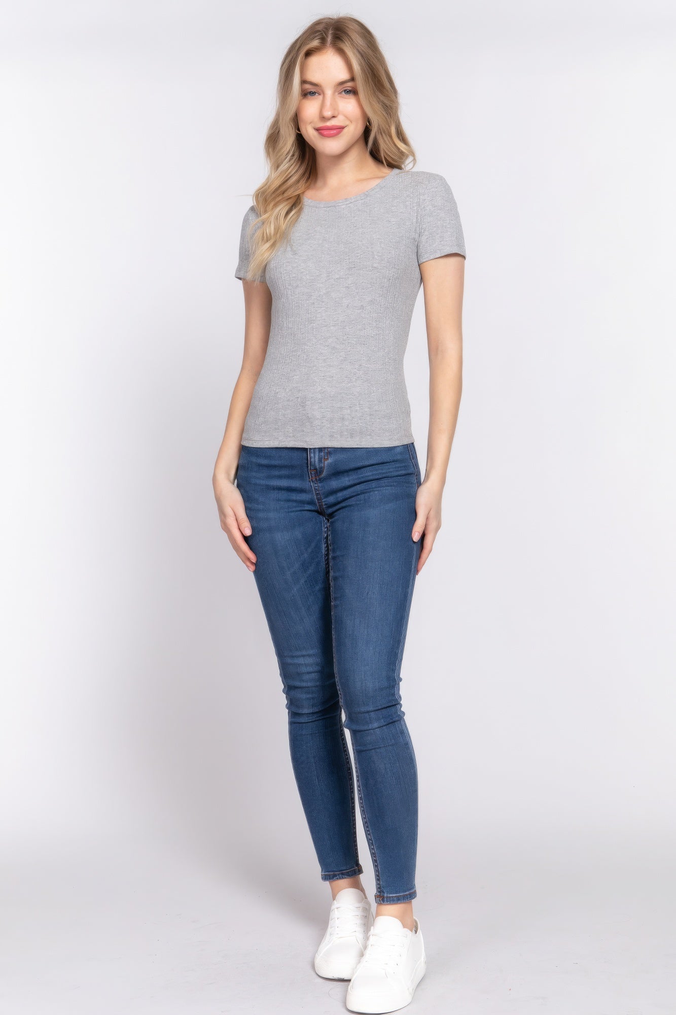 Heather Grey Short Sleeve Crew Neck Variegated Rib Knit Top