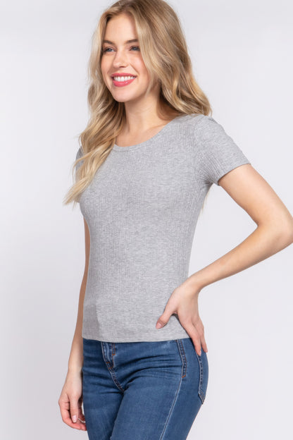 Heather Grey Short Sleeve Crew Neck Variegated Rib Knit Top