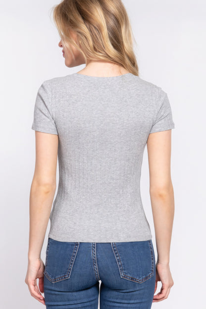 Heather Grey Short Sleeve Crew Neck Variegated Rib Knit Top