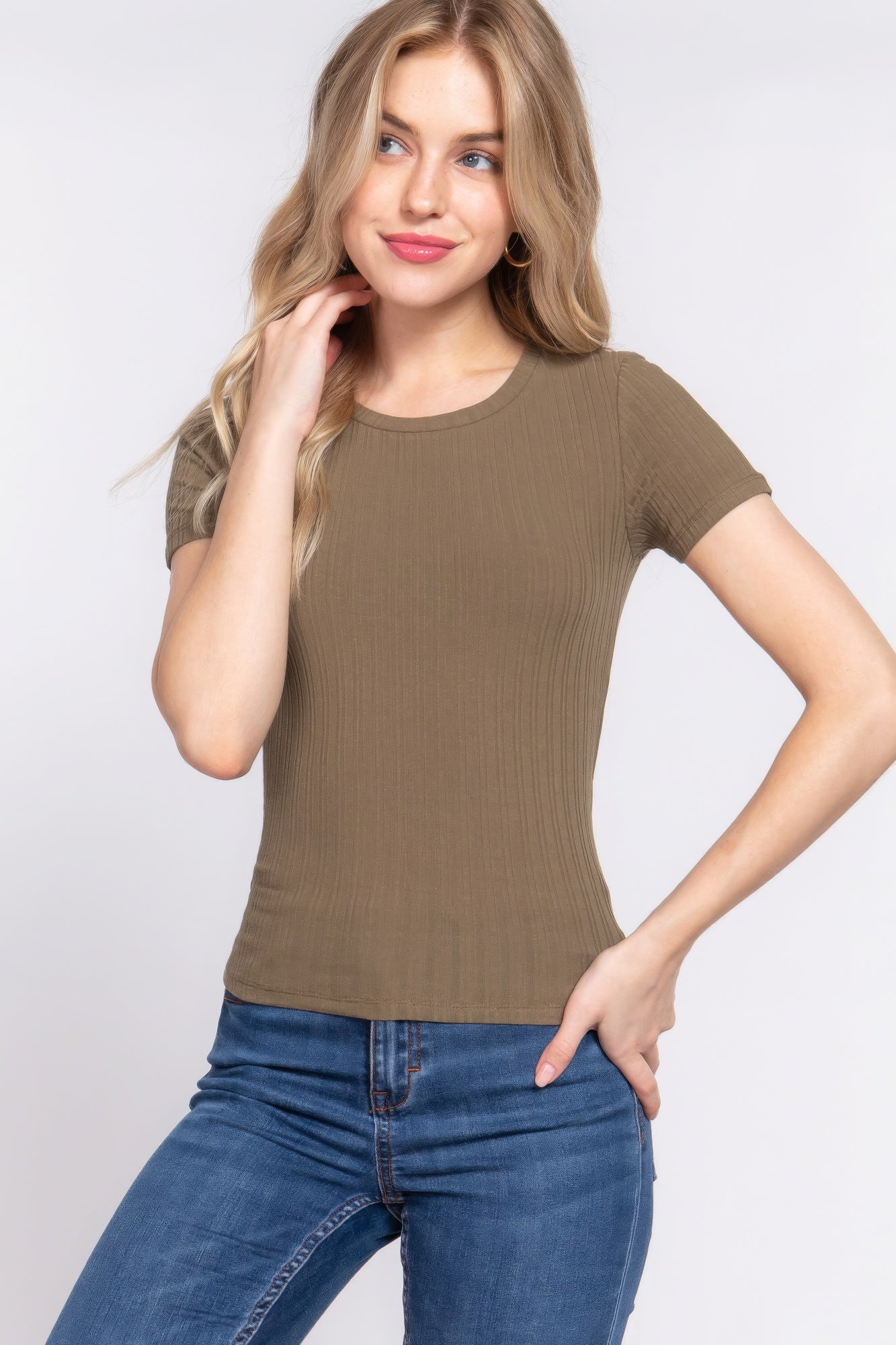 Olive Short Sleeve Crew Neck Variegated Rib Knit Top