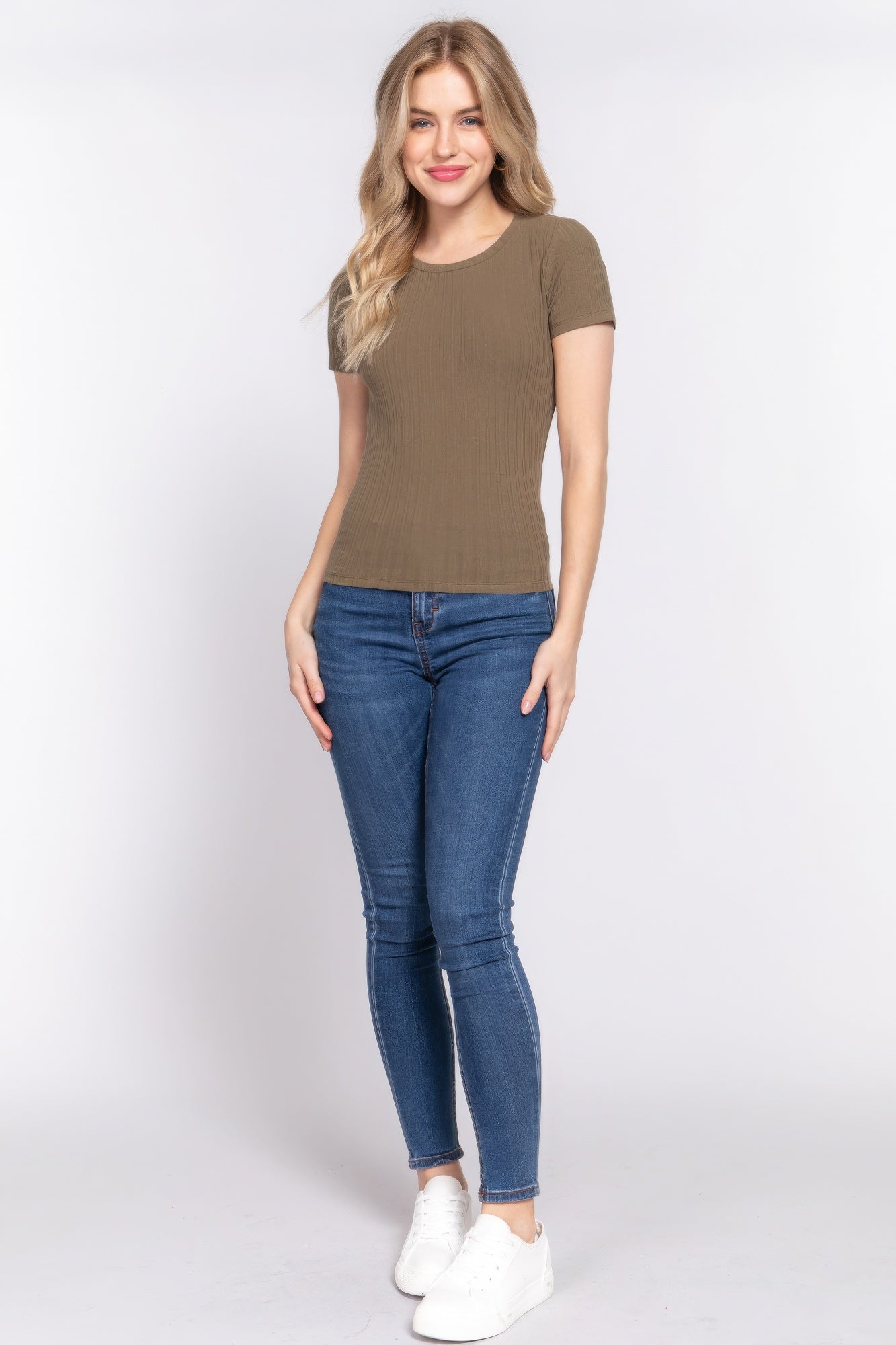 Olive Short Sleeve Crew Neck Variegated Rib Knit Top