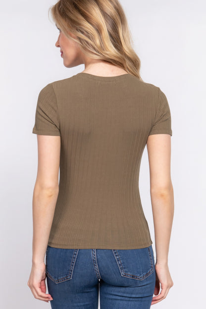 Olive Short Sleeve Crew Neck Variegated Rib Knit Top