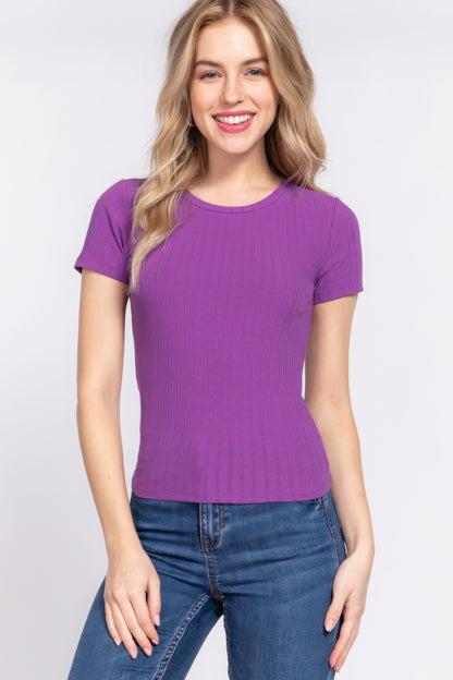 Purple Short Sleeve Crew Neck Variegated Rib Knit Top