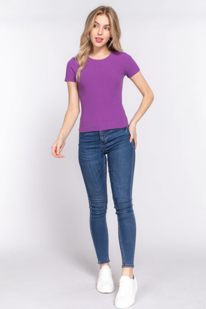 Purple Short Sleeve Crew Neck Variegated Rib Knit Top