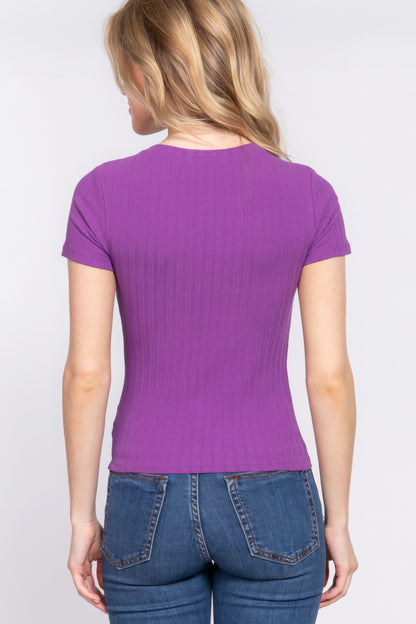 Purple Short Sleeve Crew Neck Variegated Rib Knit Top