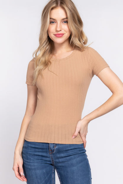 Sand Khaki Short Sleeve Crew Neck Variegated Rib Knit Top