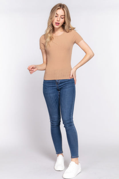 Sand Khaki Short Sleeve Crew Neck Variegated Rib Knit Top