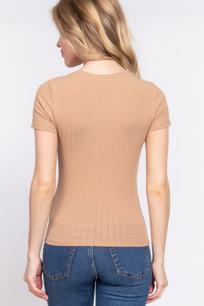 Sand Khaki Short Sleeve Crew Neck Variegated Rib Knit Top