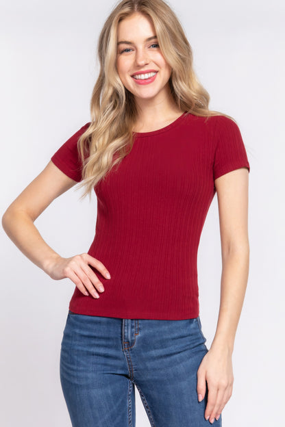 Wine Short Sleeve Crew Neck Variegated Rib Knit Top