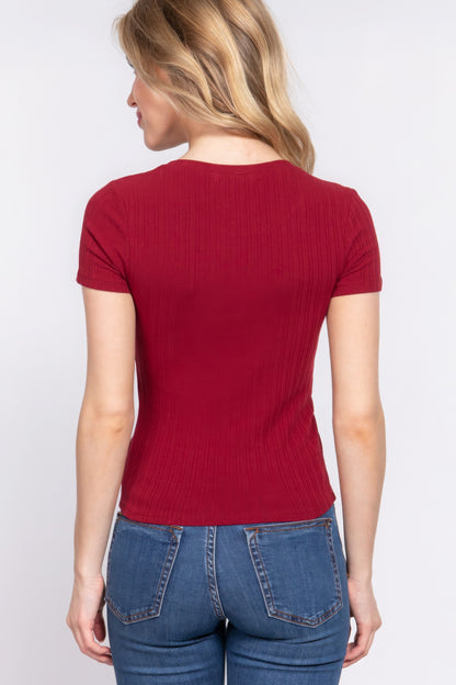 Wine Short Sleeve Crew Neck Variegated Rib Knit Top