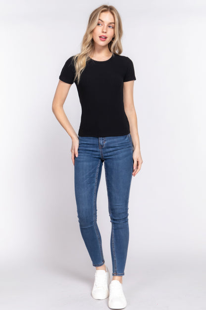 Black Short Sleeve Crew Neck Variegated Rib Knit Top