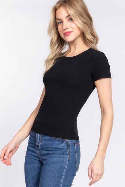 Black Short Sleeve Crew Neck Variegated Rib Knit Top