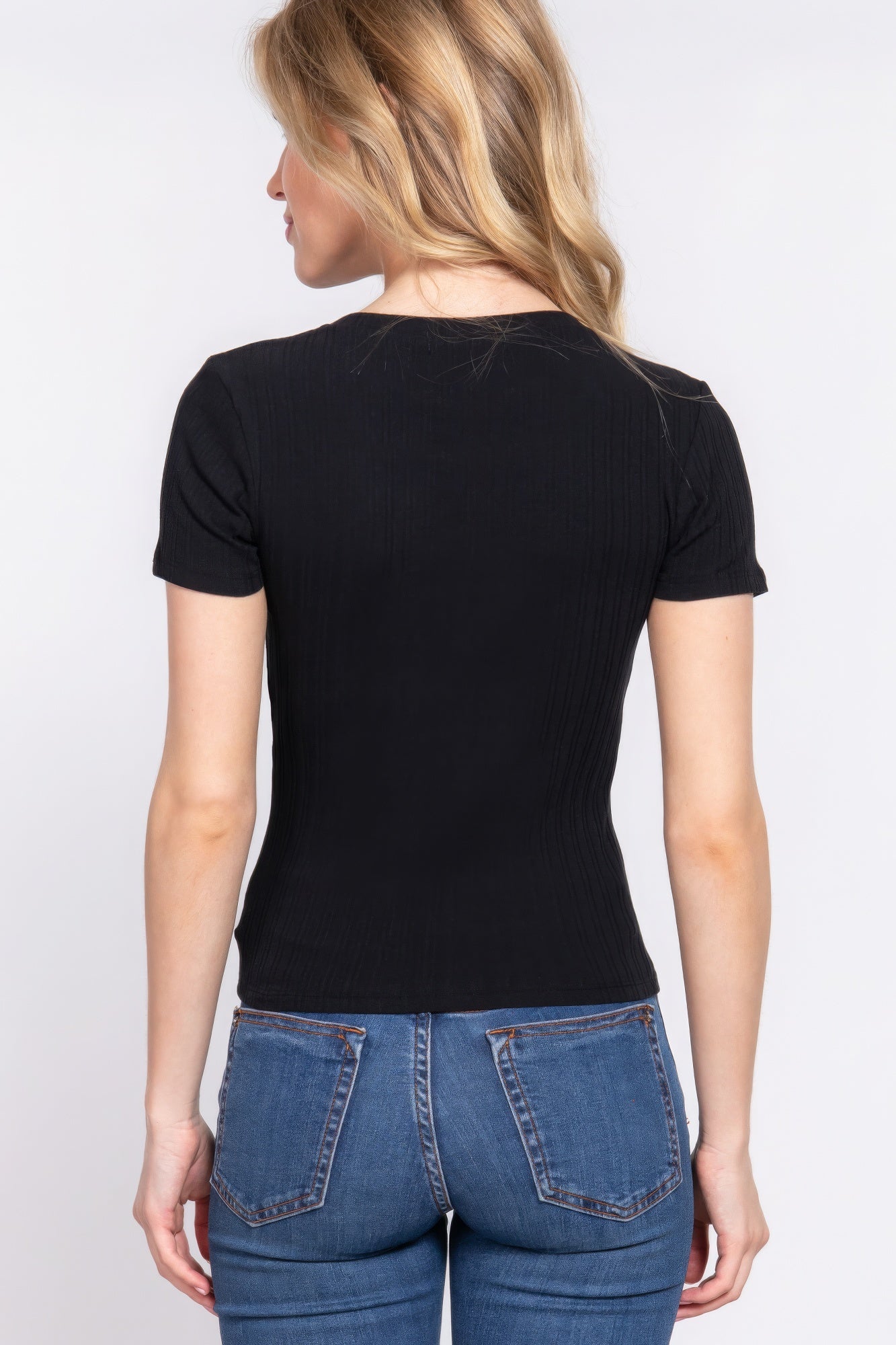 Black Short Sleeve Crew Neck Variegated Rib Knit Top