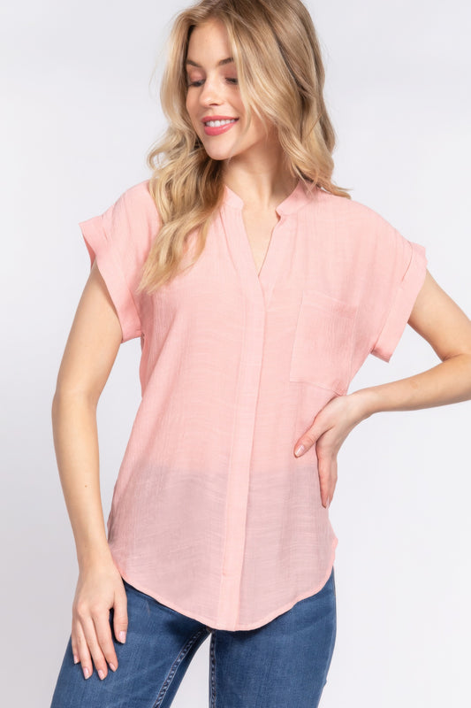 Pink Dolman Sleeve Button Down Woven Top