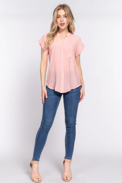 Pink Dolman Sleeve Button Down Woven Top