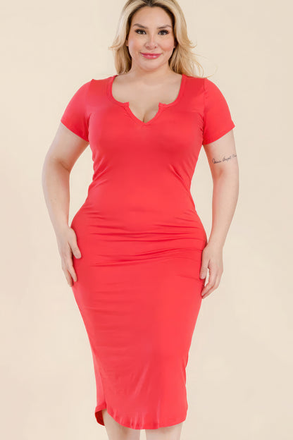 Plus Size Split Neck Bodycon Midi Dress - Fiery Coral